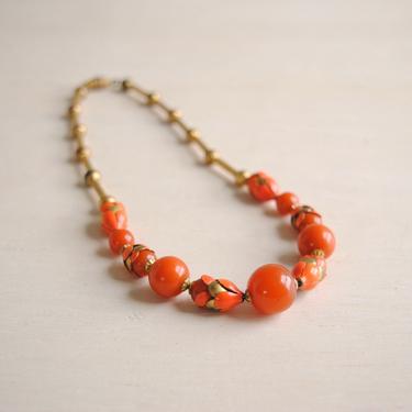 Vintage Orange and Gold Beaded Necklace with Enameled Metal Accents, Orange Jade Bead Necklace 