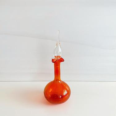 Vintage Crackled Orange Wayne Husted BLENKO Decanter #37 w/ Clear Flame Stopper Mid Century Modern Barware Art Glass Bottle 