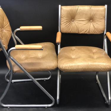 4 Vintage Leather and Chrome Tubular Dining Chairs w/ Wooden Arm's | Faleschini and Pace Style
