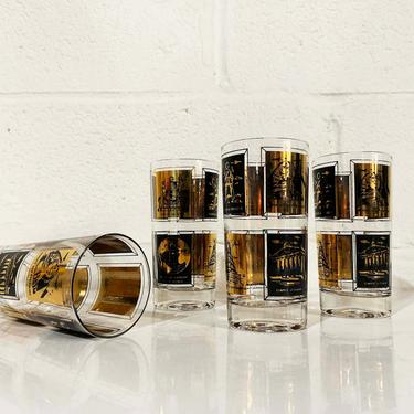 Vintage Frank Maietta Glasses Gold Seven Wonders of the World Set of Four Tom Collins Highball Cocktail Mid Century Barware 1960s 60s 