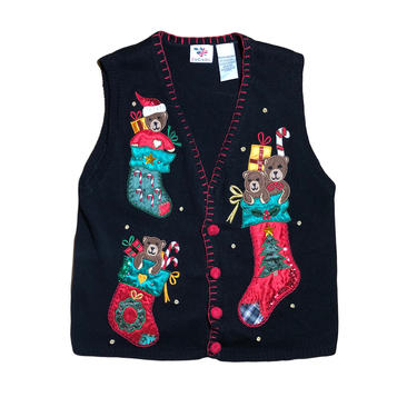 Black Vintage Christmas Sweater Vest // Teddy Bear Stockings // Ugly Christmas Sweater Party Holiday Sweater/ Size Medium // NutCracker 