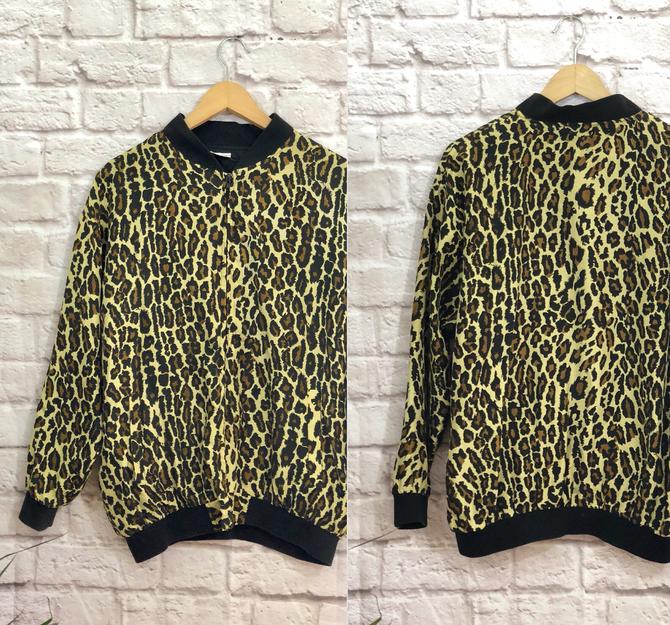 Vintage 1980's Leopard Silk Bomber Jacket Oversized Fit Medium Large Animal Print Lightweight Coat 
