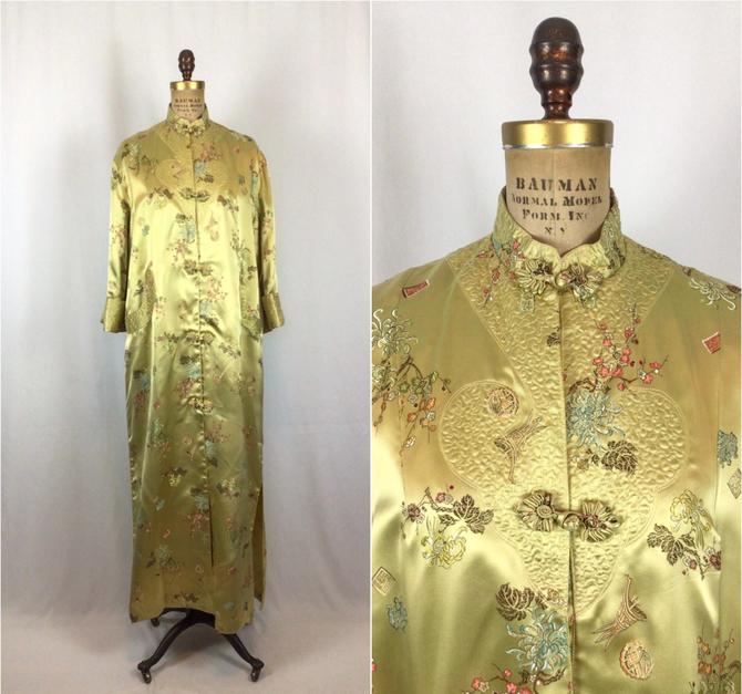 Vintage 70s robe | Vintage gold chinoiserie dressing gown | 1970s Asian inspired  house coat 