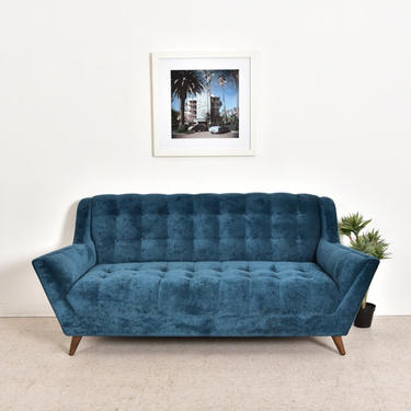 Blue Tufted Sofa in Teal Velvet 