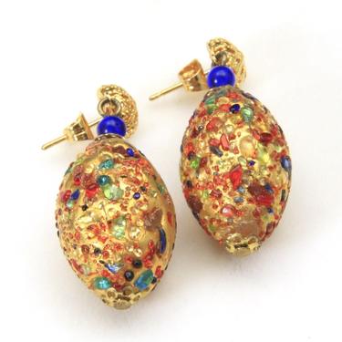 Vintage Gold Tone Multi Colored Glass Confetti Egg Shape Dangle Earrings Post 