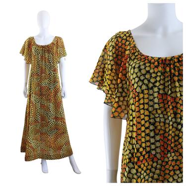 Y2K Orange & Yellow Rose Print Flutter Sleeve Maxi Dress - Y2K Maxi Dress - Vintage Psychedelic Print Dress - Y2K Dress | Size Extra Large 