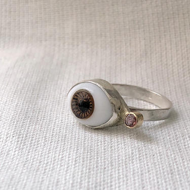 Glass Eye and Pink Tourmaline Gold and Silver Cocktail Ring 