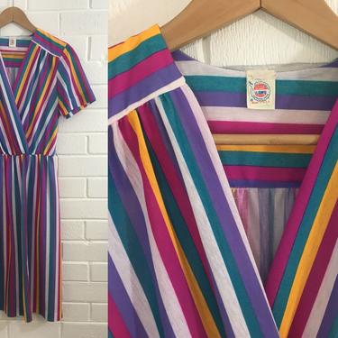 Vintage Rainbow Striped Dress 1970s Pink Purple Yellow 70s Short Sleeve Jewel Tones Elastic Waist Union Made Women's Medium Large 10 12 