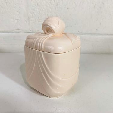 Vintage Peachy Pink Ceramic Knotted Jar Balos Pastel Holder Cosmetics Vanity Makeup Container Retro Hollywood Glam 1980s 80s Pastel 
