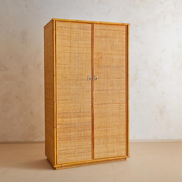 Vintage Italian Rattan and Bamboo Armoire, 1970's