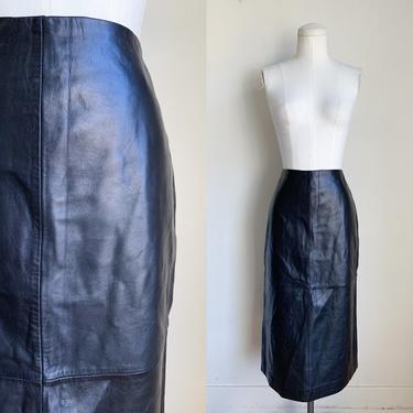 Vintage 1990s 2000s Black Leather Midi Skirt / M 28&quot; waist 