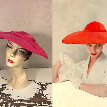 Qu'est que c'est  - Vintage 1950 Hot Pink Cerise Velvet Cartwheel Platter Wide Brim Hat w/Rhinestone Button 