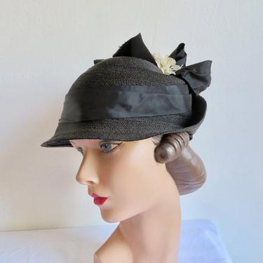 Vintage 1930's Black Fine Straw Small Brimmed Hat Cloche White Flowers Ribbon Bow Trim Art Deco Era 30's Millinery Marche Paris New York 