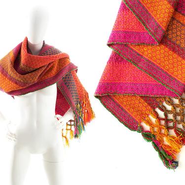Vintage Scarf | Rainbow Colorful Woven Wool Tassels Fringe Shawl Long Wide Fall Winter Wrap 