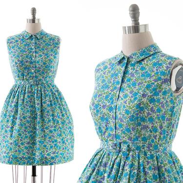 Vintage 1950s Shirt Dress | 50s Blue Rose Floral Printed Cotton Rayon Button Up Fit and Flare Sleeveless Shirtwaist Sundress (medium/large) 