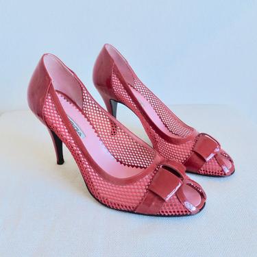 1950's Style Size 9 Red Patent Leather and Mesh Open Toe High Heel Stiletto Pumps Retro 50's Style Heels Via Spiga Made in Italy 