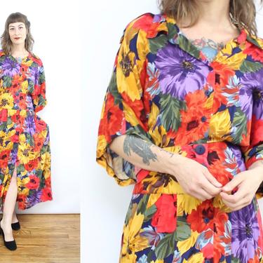 Vintage 90's Bright Floral Dress / 1990's Tropical Floral Midi Dress with Pockets / Women's Plus Size 2X 3X by Ru