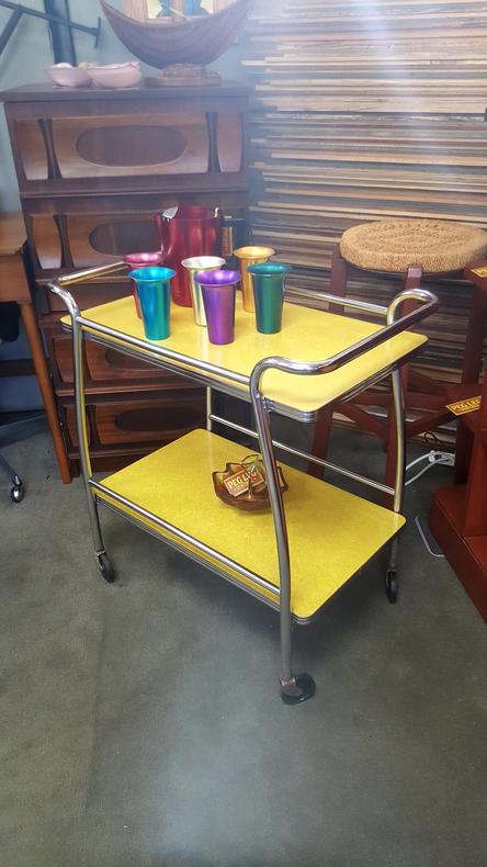 Mid-Century yellow formica and stainless steel serving cart