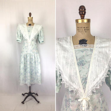 Vintage 80s dress | Vintage blue floral lace dress | 1980s Gunne Sax by Jessica McClintock dress 