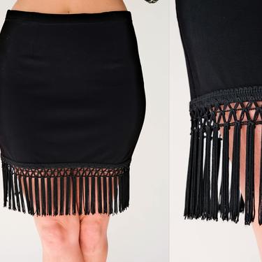 Vintage 80s Tadashi Black Rayon Blend Stretch Mini Skirt w/ Braided Fringe Hemline | Made in USA | 1980s Designer Bohemian Flapper Skirt 
