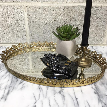 Vintage Mirrored Tray Retro 1980s Hollywood Regency + Gold Metal + Ornate Design + Birds + Oval + Hanging Mirror + Home and Vanity Decor 