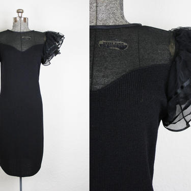 1980's Black St. John's Knit Cocktail Dress with Ruffled Sleeves / Size Medium 