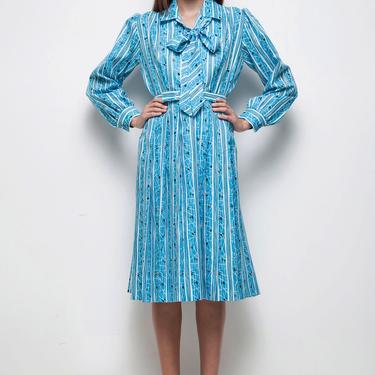 vintage 1970s ascot bow shirtdress mod blue stripes print LARGE L long sleeves knee length 