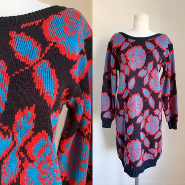 Vintage 1980s Rose Patterned Sweater Dress / M 