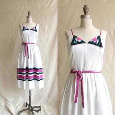 Vintage 80s Cotton Striped Summer Dress/ 1980s Spaghetti Strap Fit and Flare 50s Style Dress with Pockets/ Size Medium 