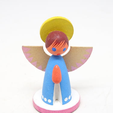 Vintage Polish Wooden Angel with Wings &amp; Praying Hands, Poland Christmas Retro Toy for Nativity Putz 