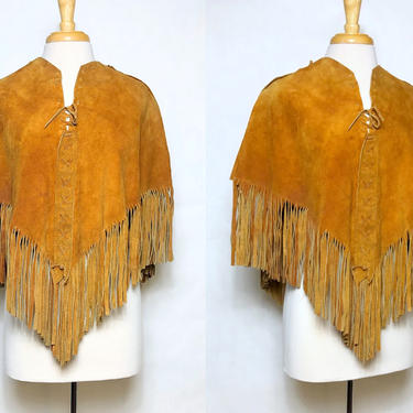Vintage 1960s Suede Fringe Poncho, 60s Cape Poncho, Hippie, Boho, Psychedelic, One Size Fits Most by Mo