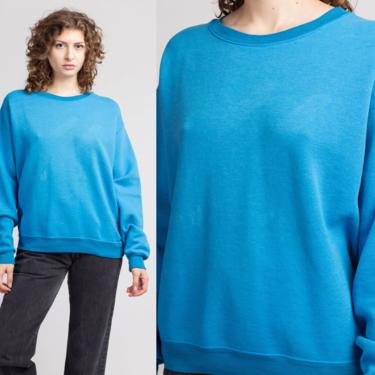80s Plain Blue Long Sleeve Sweatshirt - Large | Grunge Slouchy Normcore Pullover 