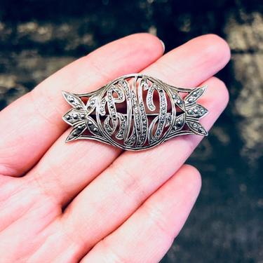 Vintage Silver Brooch, Marcasite Brooch, Monogrammed Jewelry, Vintage Jewelry, Small Pin, Vintage Pin, Silver and Marcasite, Unique Jewelry 