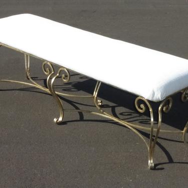 Hollywood Regency Gold Gilt Wrought Iron White Bench Bedside French 