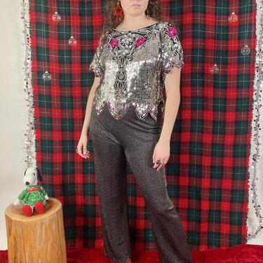 Silver and Pink Sequin Top w/ Scalloped Hem