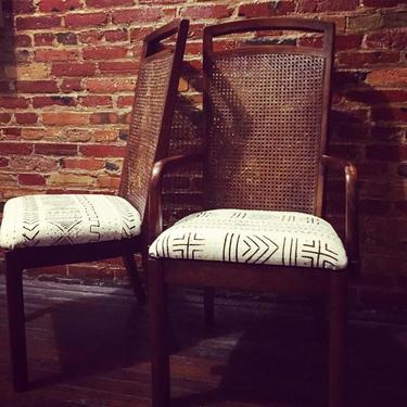 Vintage Cane Back Dining Chairs with Mudcloth Seats