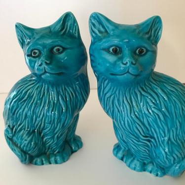 Turquoise Glazed Vintage collectible set of 2 Chinese Cats - Faience- Great condition Majolica 
