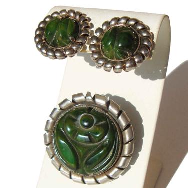 Vintage Bakelite &amp; Chrome Carved Green Brooch Earrings Jewelry Set 