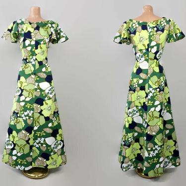 VINTAGE 60s Psychedelic Floral Hawaiian Print Maxi Dress | 1960s MCM Flutter Sleeve Gown | Cowl Neck Hostess Dress | Green Chartreuse Navy 