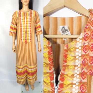 Vintage 60s/70s Handwoven Guatemalan Cotton Hippie Maxi Dress M 