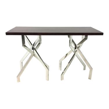 Modern Dark Wood and Chrome Abstract Double Pedestal Console Table