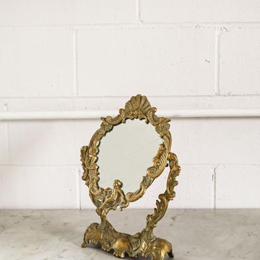 antique french brass cherub standing mirror