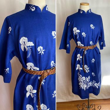Bright blue linen dress~ embroidered cheongsam style~ blue &amp; white~ mod shift~ large patch pocket~ minimalist plus size 