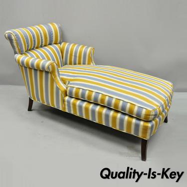 Vtg French Hollywood Regency Blue Gold Striped Channel Back Chaise Lounge Chair