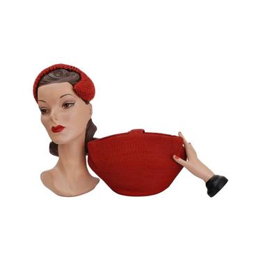 1940s Red Straw Half Hat and Matching Wristlet Handbag - 1940s Red Hat - 1940s Red Purse - 1940s Hat & Matching Purse - 1940s Handbag 