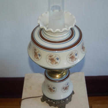 Beautiful Vintage Quoizel 3 way Electric Floral Gone With the Wind Style Milk Glass Hurricane Parlor or Table Lamp with frosted Chimney 1973 