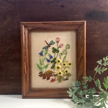 Crewel embroidery garden with snail - vintage framed needlework 