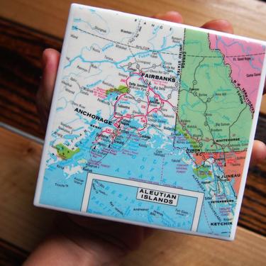 1979 Anchorage Fairbanks Juneau Alaska Handmade Repurposed Map Coaster - Ceramic Tile - Repurposed 1970s Rand McNally Atlas - Vintage Map 