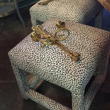 Pair of upholsterd Parsons stools w/ animal print fabric.