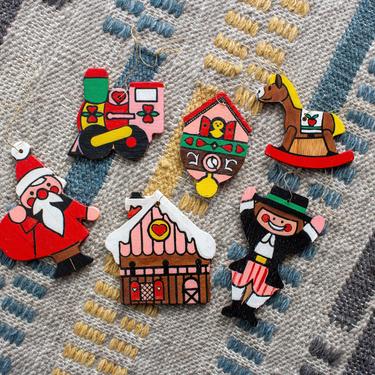 Vintage 1970s Handmade Wooden Ornaments - Santa North Pole Hand Painted Ornaments Holiday Decoration Christmas Decor - Set/6 